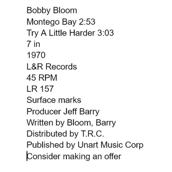 Bobby Bloom Montego Bay/Try A Little Harder 7" Vinyl 1970 L&R Records Reggae - Picture 2 of 8